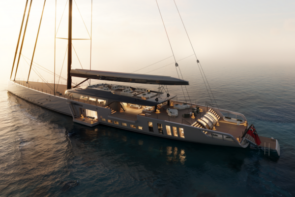 Sky yacht by Royal Huisman exterior at sunset